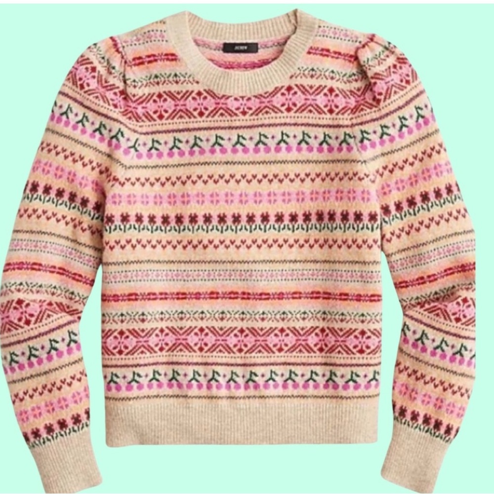J Crew Puff-sleeve Fair Isle crewneck sweater